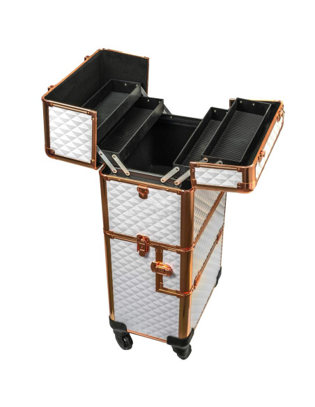Mala Trolley Profissional 4 Compartimentos Branco e Rose Gold Malas de Maquilhagem