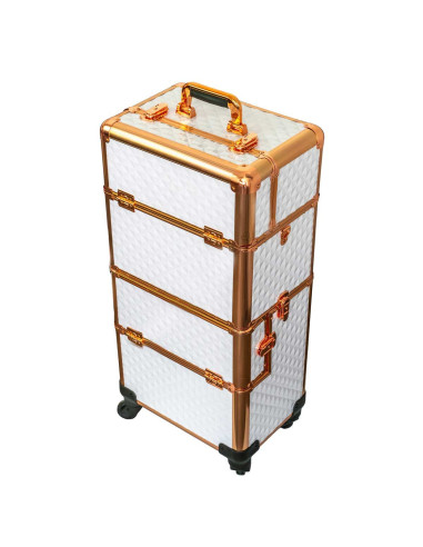 Mala Trolley Profissional 4 Compartimentos Branco e Rose Gold Malas de Maquilhagem