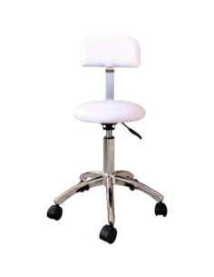 Silla de manicura blanca con respaldo y cinco ruedas