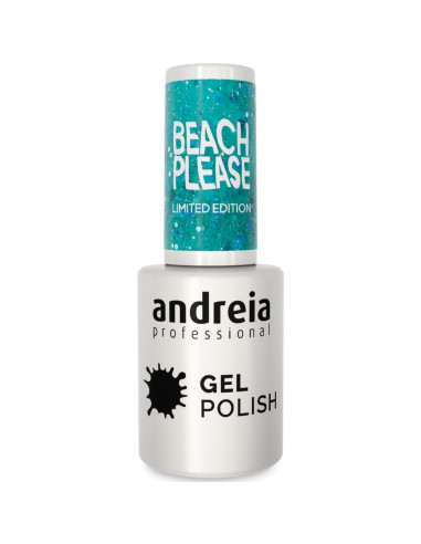 Esmalte Gel Andreia Professional Beach! Please! BP3 Azul Acuático Translúcido con Purpurina Holográfica