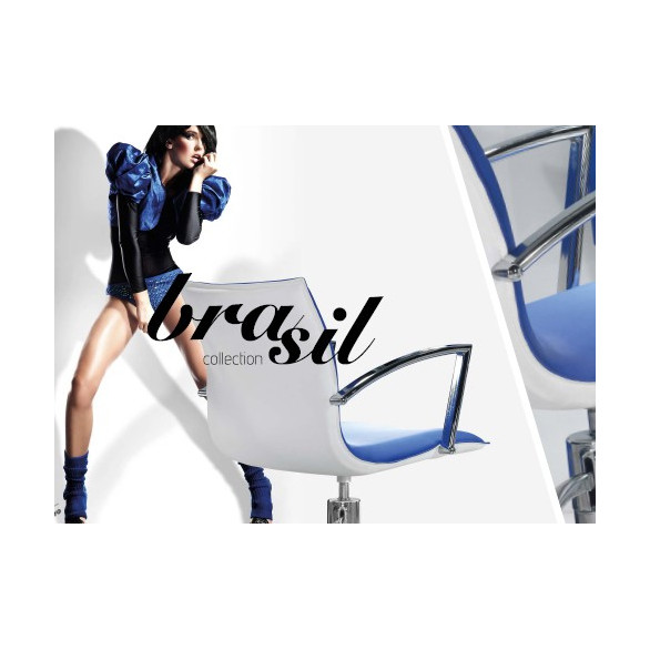 Presentación de la colección Brasil con sillón de peluquería blanco y azul