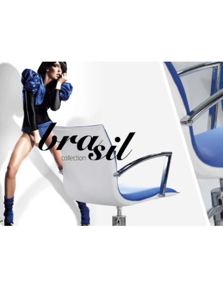 Presentación de la colección Brasil con sillón de peluquería blanco y azul